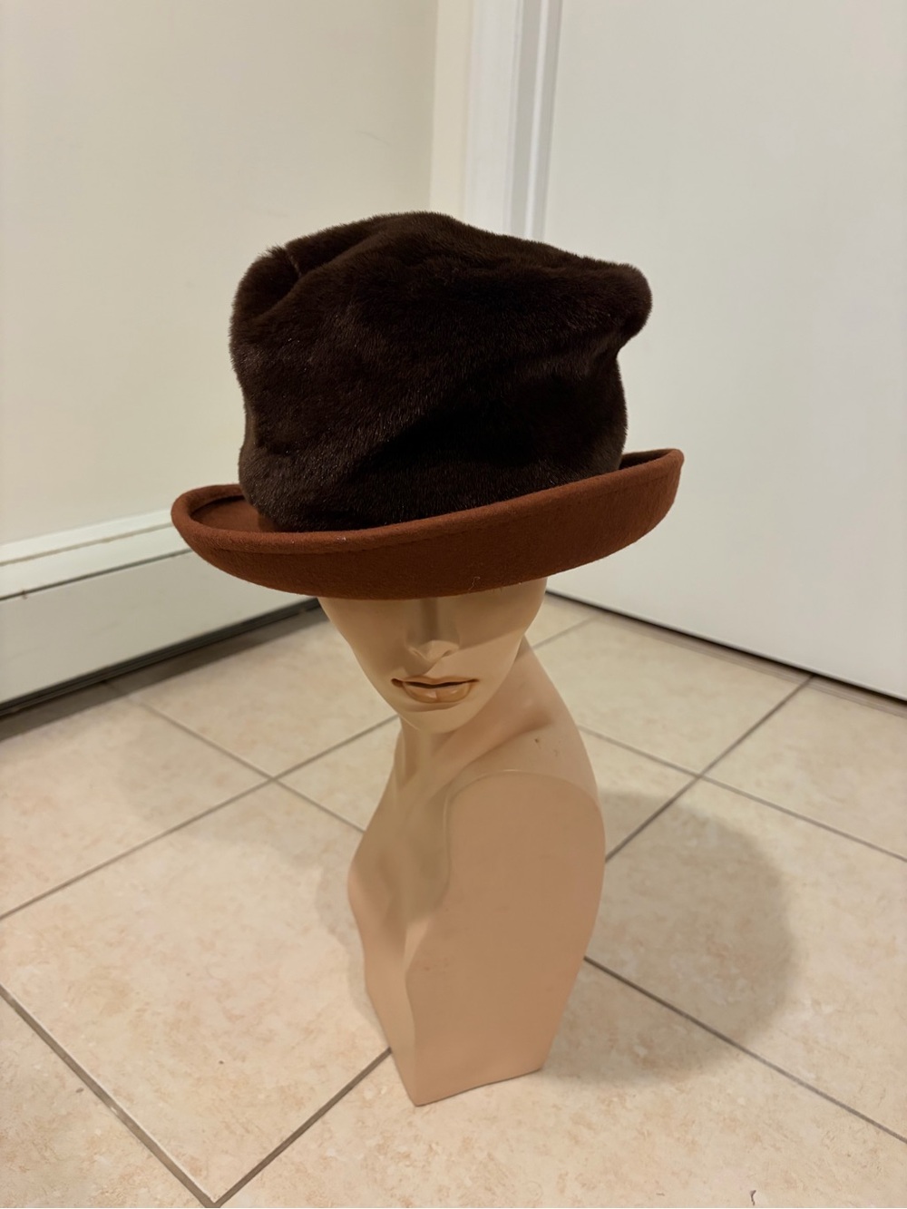 Vintage Brown Faux Fur Hat with Wide Brim Two Tone Women’s Winter Dress Hat